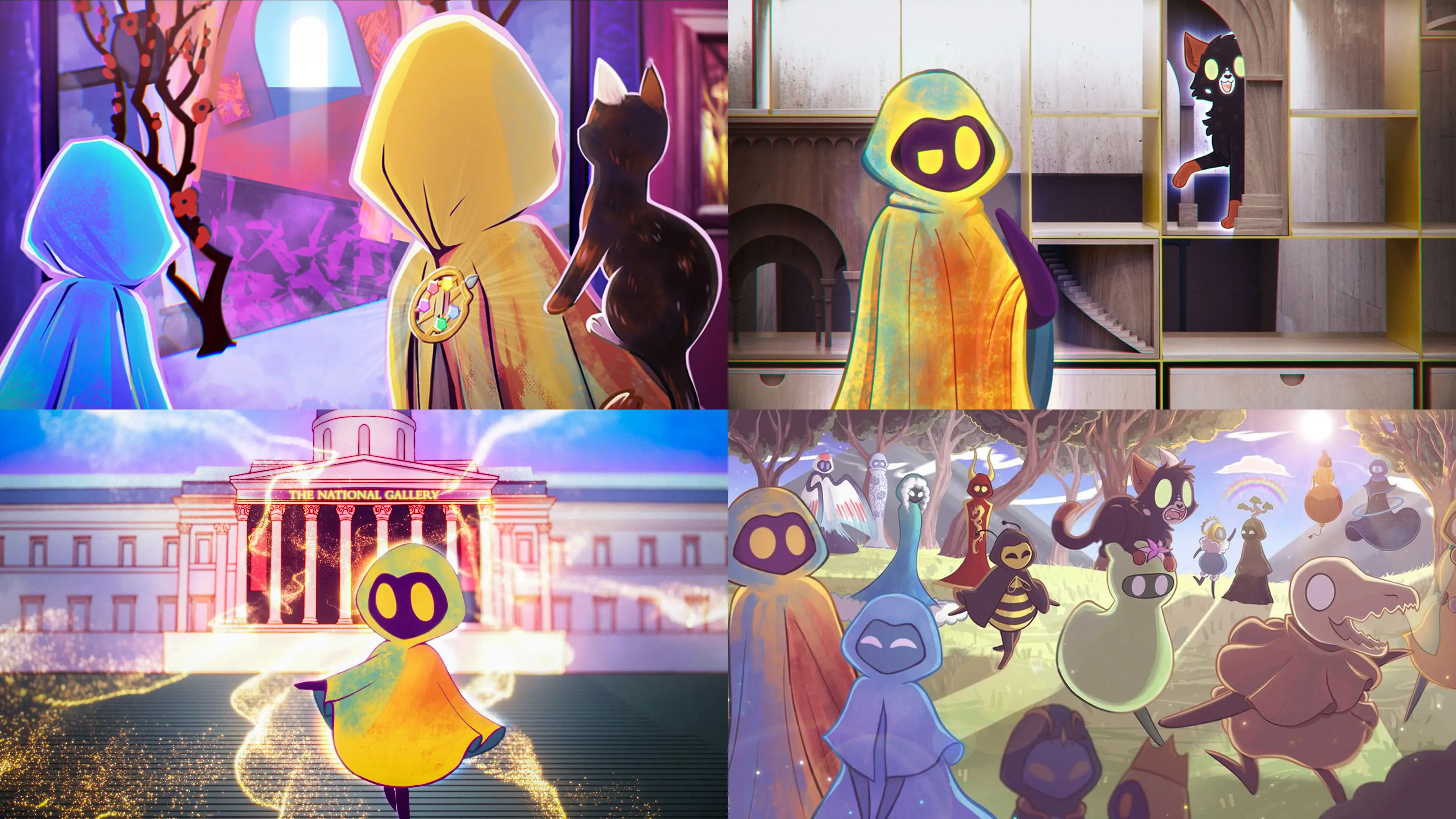 The four KeeperVerse games (clockwise from top-left): The Palette of Perception, Canvas Quest, Keeper Council and Mischievous Masterpieces